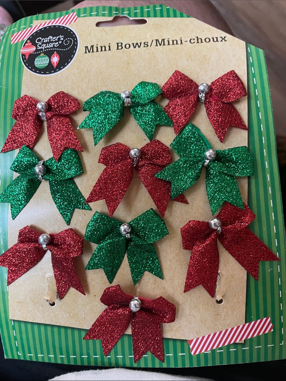 10 Red & Green Glitter Mini Bows